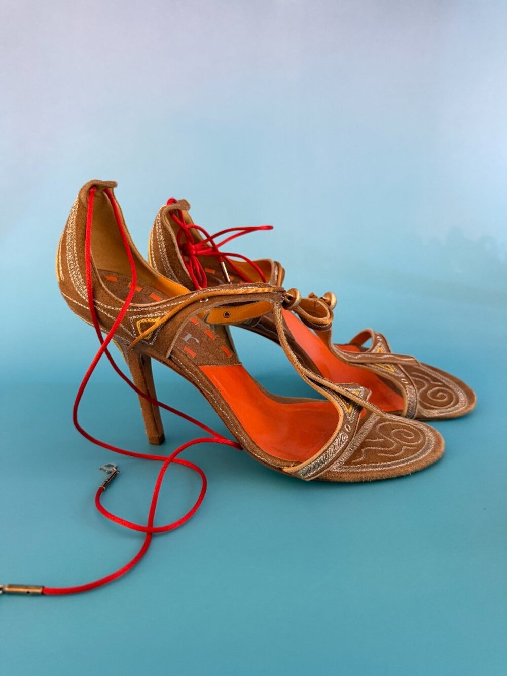 Christian Dior Galliano Embroidered Suede Ankle Tie Heels Orange Footbed 38 Full - Picture 1 of 9